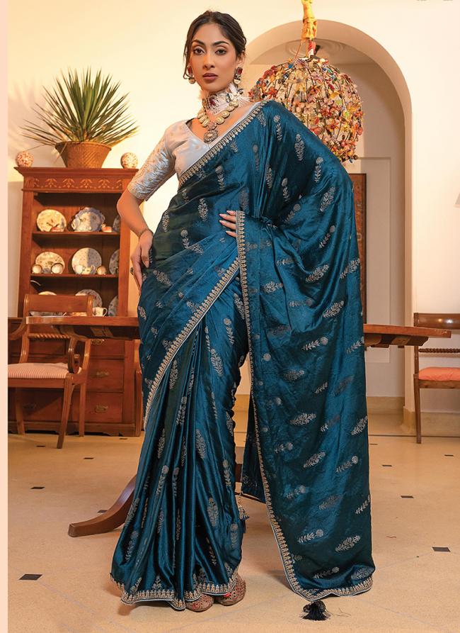 Viscose Sattin Aqua Blue Party Wear Embroidery Work Saree